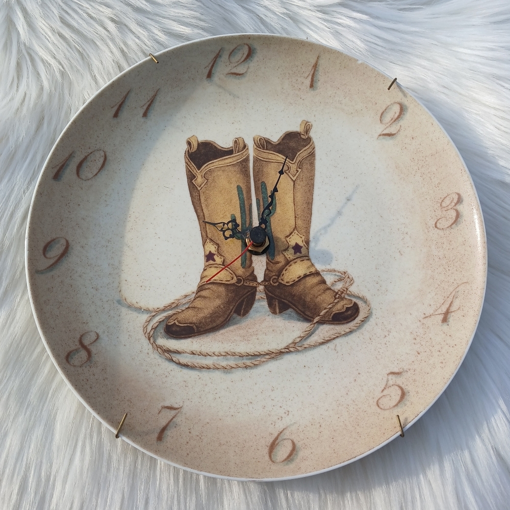 Cowboy Boots Western Clock Collector's Plate Vintage Decor Cactus Wall Hanging